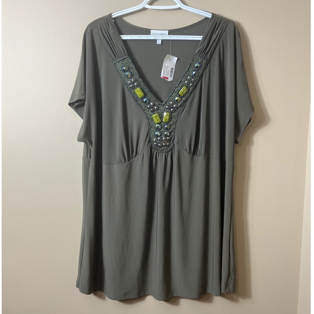 Fashion Bug Olive Green Beaded Boho Tunic Top 1X NWT Earthy Eclectic Aesthetic